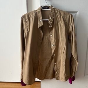 Dolce & Gabbana High Collar Tan Button Down Shirt with purple cuffs